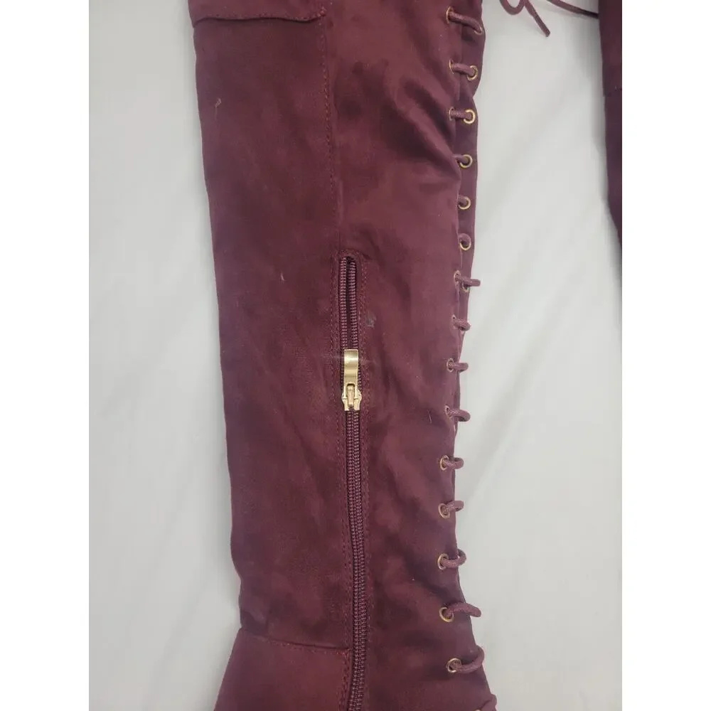 Indulge Size 7 Suede High Heel Over The Knee Boots Lace Up Zip Burgundy Maroon